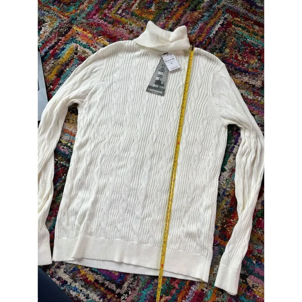 Lands’ End Lighthouse Ivory Cotton Cable Knit Turtleneck Sweater NWT M